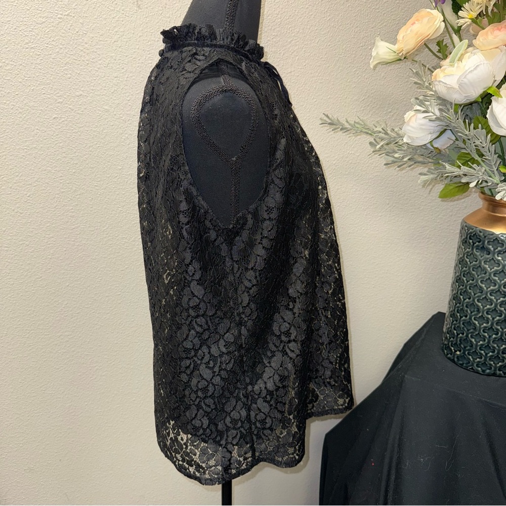 Worthington Black Lace Sleeveless Blouse Ruffle Neck Sheer Floral L - Picture 4 of 7